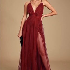 Tulle Long Dress with Slits - Red Wine Colour - L